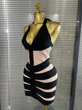 Women Sexy Halter Off the Shoulder Patchwork Bodycon Mini Bandage Dress Nightclub Party Celebrate Evening Cocktail Outfit