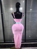 Pink Black Women Sleeveless Sexy Sequined Strap Bodycon Long Bandage Dress Nightclub Party Celebrate Evening Cocktail Wear