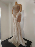 Women Birthday Evening Celebrate Party Nightclub Stage Wear Sexy Sparkly Diamonds Tassel Strapless Mesh See Through Long Dress