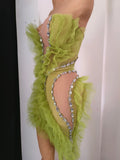 Luxury Green Sheer Mesh Ruffle Dress Neck Crystal Rhinestone Trim Cut Out Slim Fit Evening Wedding Guest Cocktail Party Dress