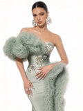 Luxury Eveing Party Birthday PhotoShoot Singer Nightclub Stage Costume Sparkly Diamond Strapless One Shoulder Stretch Long Dress