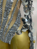 Sexy Sparkly Silver Rhinestones Sequins Mesh Stretch Bodysuit Eveing Birthday Party Nightclub Bar Singer Dancer DJ Stage Costume