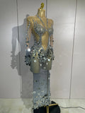 Luxury Silver Sparkly Diamonds Sequins Birthday Evening Party Nightclub Stage Wear Sexy Mesh See Through Long Sleeves Long Dress