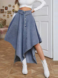 Women Denim Skirt High Waist Button Irregular Asymmetric Hem Flared Baggy European Elegant Daily Chic Summer