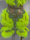 Sexy Sparkly Diamonds Strapless Mesh Ruffled See Through Mini Dress Women Eveing Party Birthday Nightclub Bar Stage Show Costume