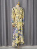 Yellow Floral Print Puff Sleeve Maxi Dress for Women Deep V Neck High Waist Asymmetrical Ruffle Hem Skirt for Garden Parties