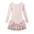 Solid Slimming Spliced Bows Dresses for Women Round Neck Long Sleeves Patchwork Ruffles Fold Dress Female Clothing