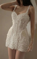 Customized White Spaghetti Strap Wedding Dresses Sleeveless Lace-Up Elegant Bridal Gowns Beaded Mini Wedding Gowns