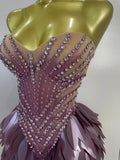 Sparkly Diamonds Leaf Sexy Mesh See Through Strapless Bodycon Dress Luxury Birthday Evening Party Outfit Nightclub Stage Costume