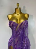 Women Sexy Strapless Purple Rhinestone Tassels Maxi Long Dress Birthday Photo Shoot Bar Nightclub Stage Performance Outfit