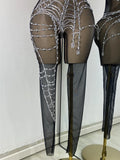 High Street Mesh Spider Web Tight Jumpsuit Performance Dance Costume Luxury Rhinestones Nightclub Bar Stage Leotard