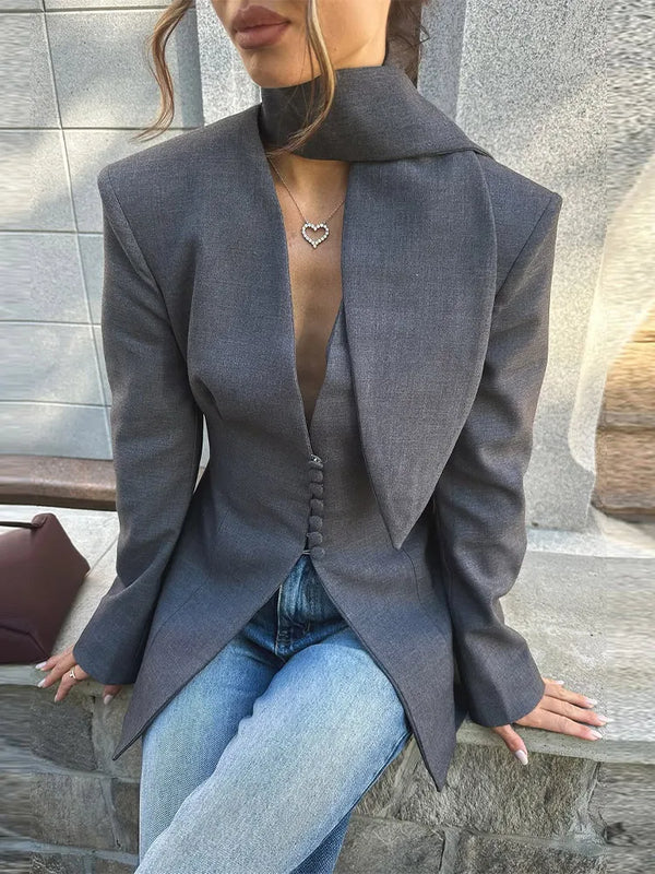 V Neck Fitted Waist Large Lapel Women Blazer Button Front Tailored Blazer With Detachable Neck Scarf Long Sleeve Casual Jackets