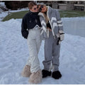 Women Color Block Spliced Ski Set Fleece Lined Stand Collar Zip Jacket Multi‑Pocket Wide Leg Trousers 2026 Winter Fashion Outfit
