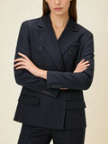 Navy Business Meetings Women's White Topstitch Trim Blazers Double Breasted Design Lapel Blazer for Office Commute