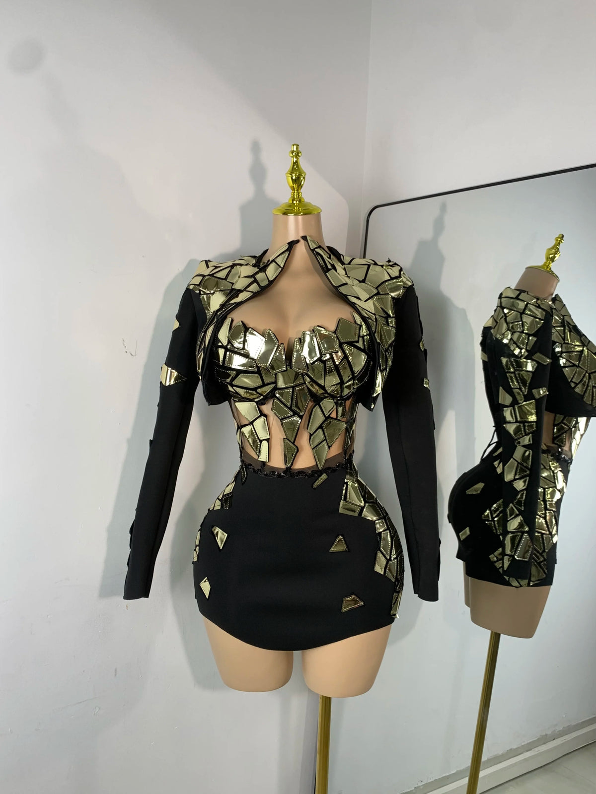 Sparkly Sequined Mirrors Technological High Street Short Summer Three Pieces Dress Sexy Stage Women Outfit Singer Show Wear