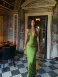 Elegant Satin Corset Long Dresses Luxury Women's Halter Maxi Dress Evening Wedding Guest Party Gown Brown Red Green Burgundy New