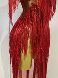 Sexy Sparkly Red Diamonds Tassel Mesh See Through Long Dress Women Eveing Birthday Party Nightclub Singer Stage PhotoShoot Wear