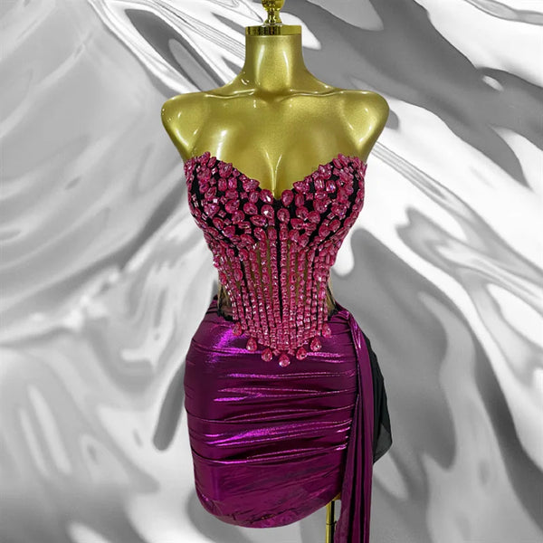 Rose Red Luxury Rhinestone Vest Top Skirt Set Fashion Party Valentine's Day Music Festival Stage Outfit Vestidos Elegantes Mujer