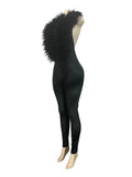 Sexy Feather Patchwork Jumpsuit Women Deep V-Neck Halter Backless Stretch Skinny Street Midnight Activity Clubwear