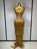 Women Luxury Prom Gowns Sparkly Rhinestones Tassel Mesh Maxi Long Luxury Birthday Celebrity Sexy Evening Club Party Dresses