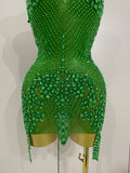 Sexy Sparkly Rhinestones Halter Backless Mesh Velour Short Dress Women Evening Prom Celebrate Birthday Party Stage Wear