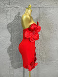 Strapless 3D Handmade Flower RhinestoneBandage Mini Dress Women Sky CorsetBodycon Short Cocktail Party Evening Dress