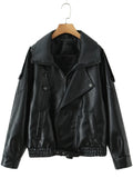 French Retro Pu Leather Jacket for Women Stand Collar Long Sleeve Patchwork Button Temperament Loose Coat Female