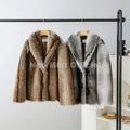 Fashion 90s Vintage Retro Brown Striped Faux Fur Coat Women Winter Chic Scraf Collar Overcoat Fox Fur Jacket