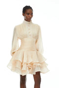Cream Victorian-inspired Short Dress Women Chic Puff Sleeve Ruched Tiered Waist Cinching Party Dresses 2026 Lady Trendy Vestidos