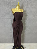 Elegant Brown Strapless Bodycon Maxi Dress Women Sexy Ruched Waist Draped Skirt Outfit Date Night Party Costume
