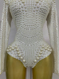 Luxury White Full Pearl Long Sleeved Stretch Bodysuit Women Birthday Evening Party Celebrate DJ Performance Nightclub Stage Wear