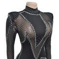 Sparkly Rhinestone Perform Costume Long Sleeve Sheer Mesh Jumpsuit Singer Party Show Outfit Club Patchwork Skinny Jumpsuits