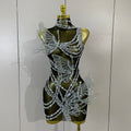 Sparkly Silver Diamonds 3D Butterfly Mesh See Through Mini Dress Women Eveing Party Birthday Bar Nightclub Sexy Stage Costumes
