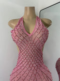 Luxury Rhinestones Pink Elegant Princess Long Dress Design Women Sexy Mesh Split Backless See Through Dresses For Special Events