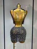 Sparkling Rhinestone Sexy See Through Blackless Top Skirt Two Pieces Set Woman Luxury Birthday Evening Party Gowns