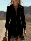 SHENGPALAE Women Dress Mini Long Sleeve Faux Suede Fringe Western Slim Zip Pocket Autumn 2026 New 05E03783
