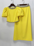 Solid Luxury Diamond Tops & Skirt Two Piece Sets For Women Bubble Short Sleeve Short Top High Waist Skirt Set Female New