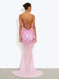New Summer Sequins Patchwork Mesh Slim Long Dress Women Casual Vacation Dress Sexy Suspender V Neck Backless Evening Dress