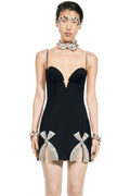 Light Luxury Exquisite Bead Rhinestone Bow Bandage Suspender Dress Women Socialite Party Banquet Stage Performance Gown Vestidos
