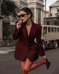 Burgundy Slim Fit Women Blazer Notched Lapel Single Breasted With Pockets Loose Hem Elegant Coat Banquet Outfit Female Clothing