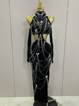 2025 Women Sparkly Diamonds Tassels Chain Balck Sexy Halter Backless Long Dress Evening Birthday Party Celebrate Stage Costume