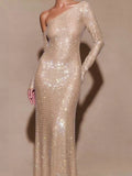 Elegant Apricot Slash Neck Stretch Long Dress Sexy Long Sleeves Off Shoulder Sparkling Diamond Evening Banquet Gowns