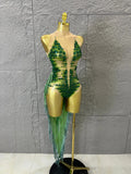 Luxurious Green Rhinestone Sheer Bodysuit Tassel Tail Ideal for Clubbing Festivals and Special Occasions Stage Performance