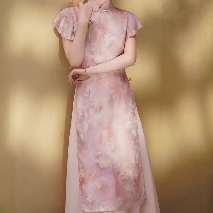 Pink Chesongam Young Girl Ao Dai Qipao New Chinese Style Dress Women Elegant Mesh Hem Vestidos Casual Outwear Hanfu Dresses