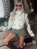 Women Stand Collar Double Breasted Cropped Trench Jacket Long Sleeve Button Cuff Loose Short Outerwear Fashion Street Daily Wear