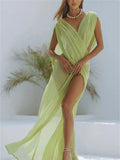 Beach Vacation Dress Women See Through Sleeveless V-Neck Sexy Solid Split Midnight Party Club Long Irregular Bodycon