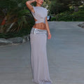 Fashion Shiny Lace Up Long Skirt Set Women Sexy Sleeveless Design sense Chic Short Top Skirts Suit NEW Lady Evening Party Outfit