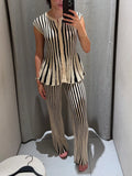 Striped Loose Two Piece Set for Women O Neck Sleeveless Top High Waist Wide Leg Pants Casual Sets Female Sumemr New
