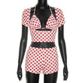Sexy Dot Print 3 Piece Sets Women Chic Halter Bra Tops+Short Sleeves Crop Tops+Shorts Skinny Beach Vacation Clubwear