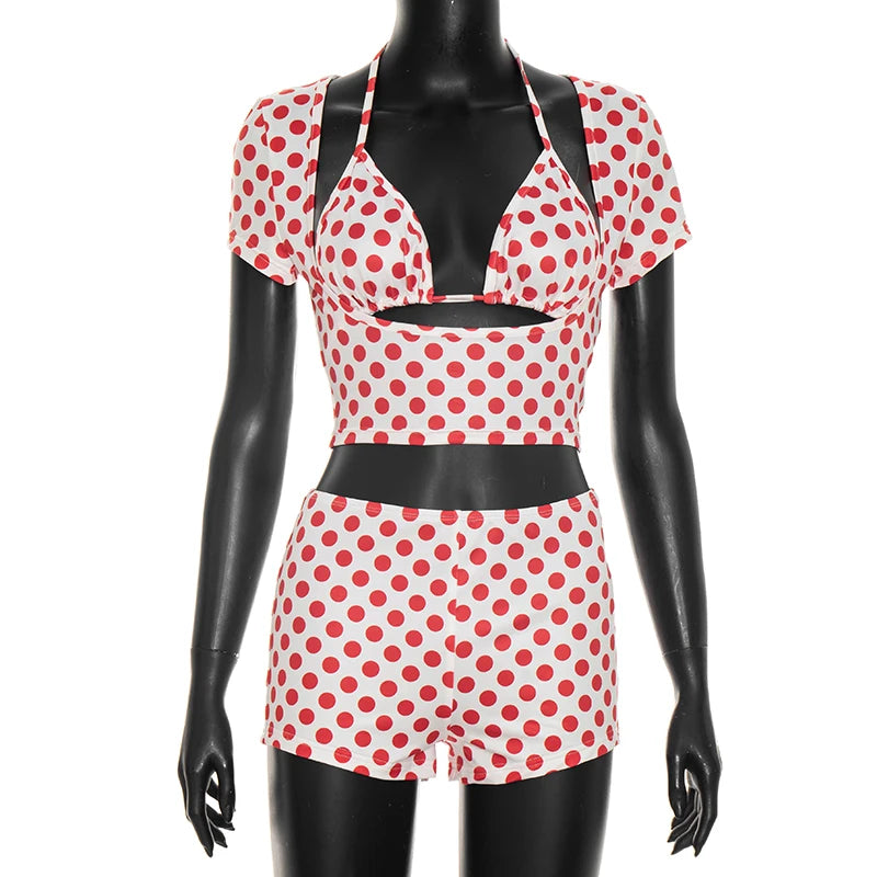 Sexy Dot Print 3 Piece Sets Women Chic Halter Bra Tops+Short Sleeves Crop Tops+Shorts Skinny Beach Vacation Clubwear